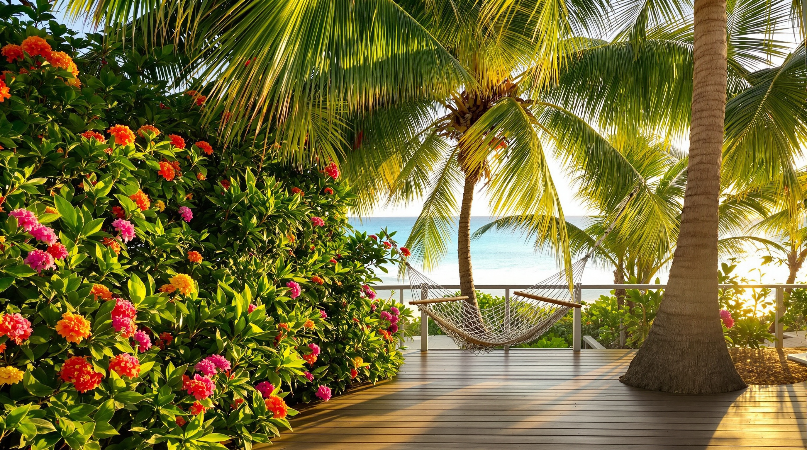 Garden patio and hammock at private beach house accommodation in Turtle Bay, Roatan Honduras