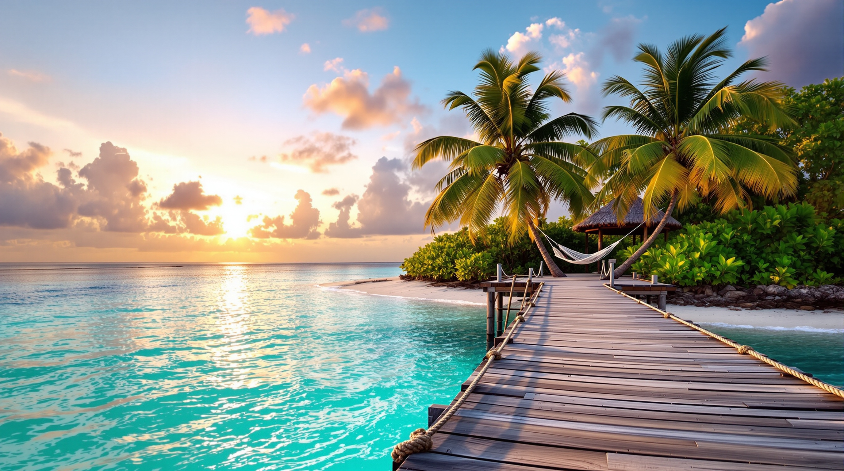 Private dock at sunset over the clear Caribbean water of Turtle Bay, Roatan Honduras