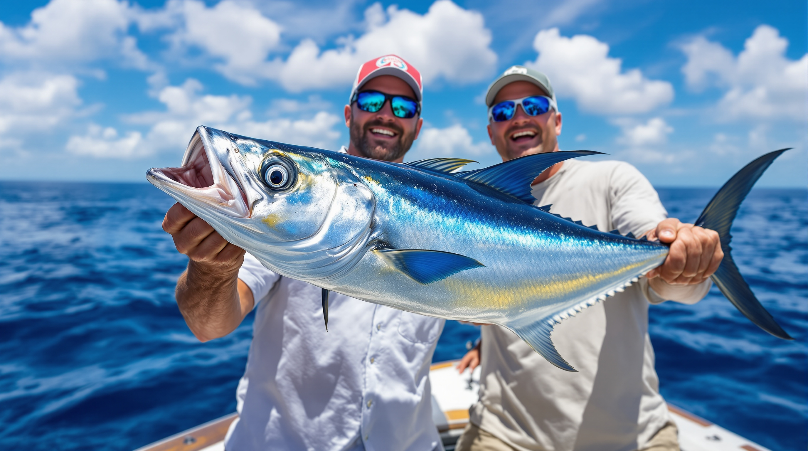 Sport fishermen holding wahoo caught offshore Roatan