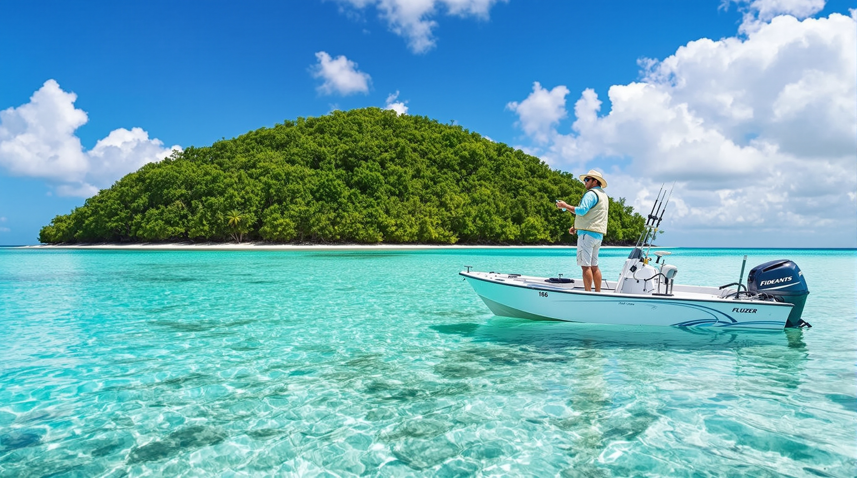 Fly fishing guide on a flats skiff in Caribbean waters