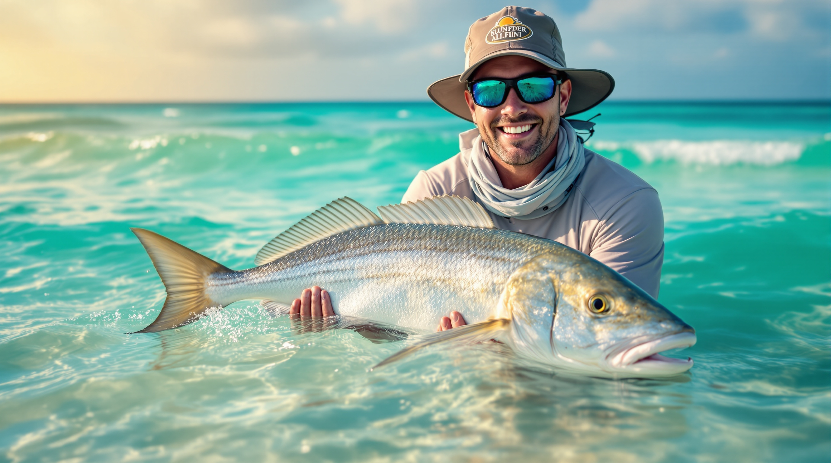Happy angler holding a large bonefish on the flats of Roatan Bay Islands Honduras