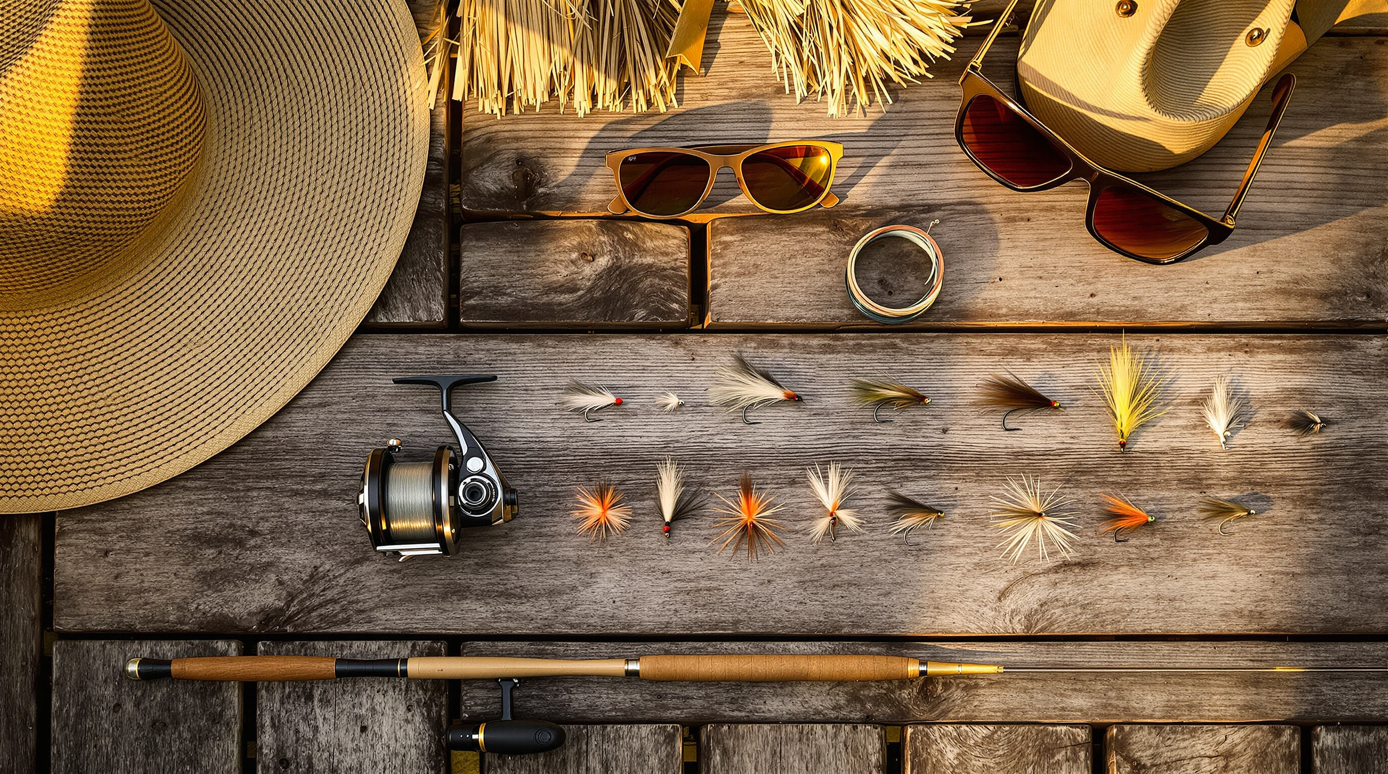 Fly fishing gear laid out on a dock: rods, reels, and Caribbean saltwater fly patterns