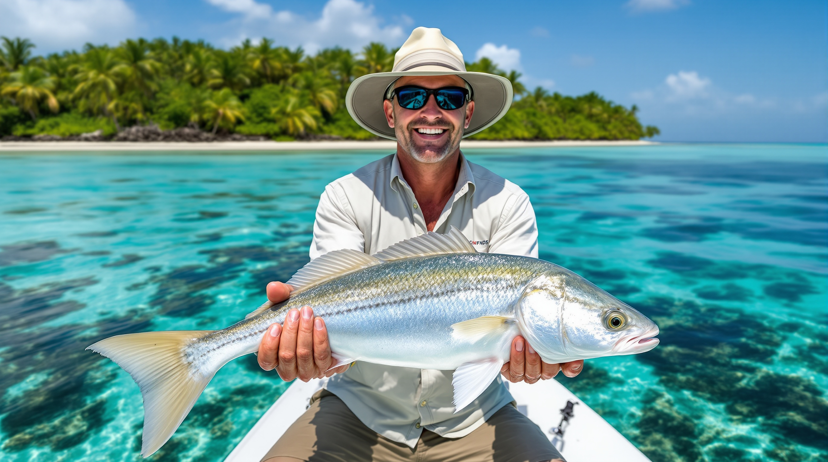 Expert fly fishing guide on Roatan holding a bonefish caught on a Bay Islands flats charter
