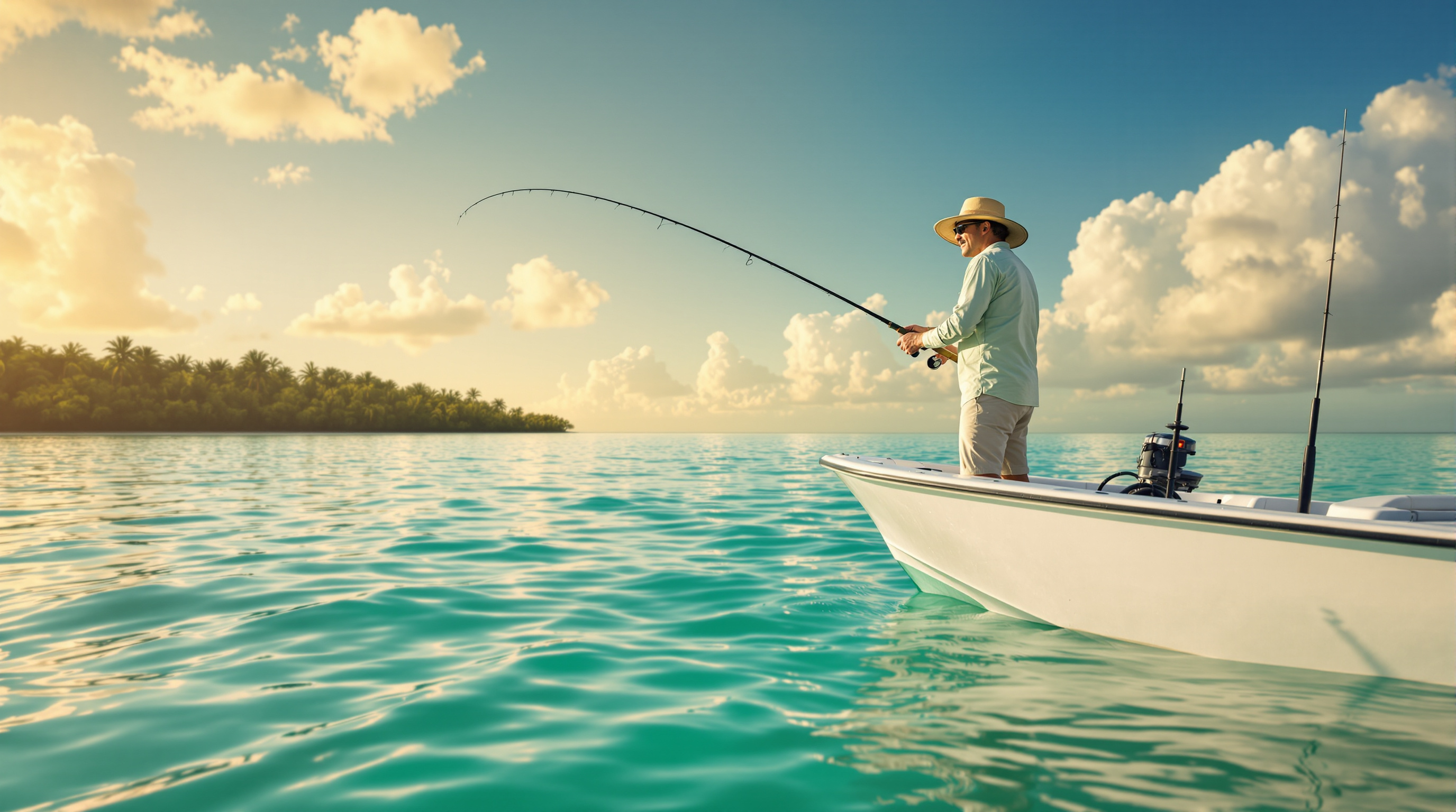 Angler casting fly rod from a flats skiff in the turquoise waters of Roatan Honduras