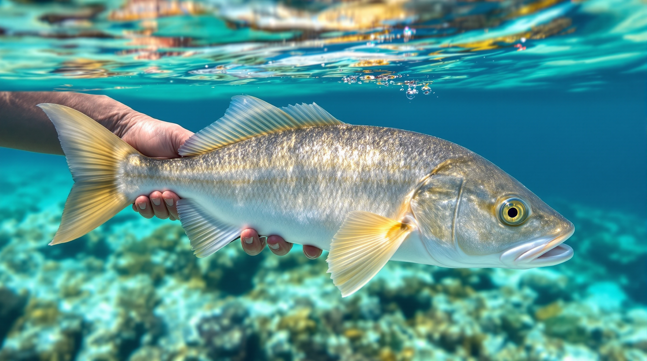 Beautiful bonefish held above the crystal clear flats of Roatan Bay Islands Honduras